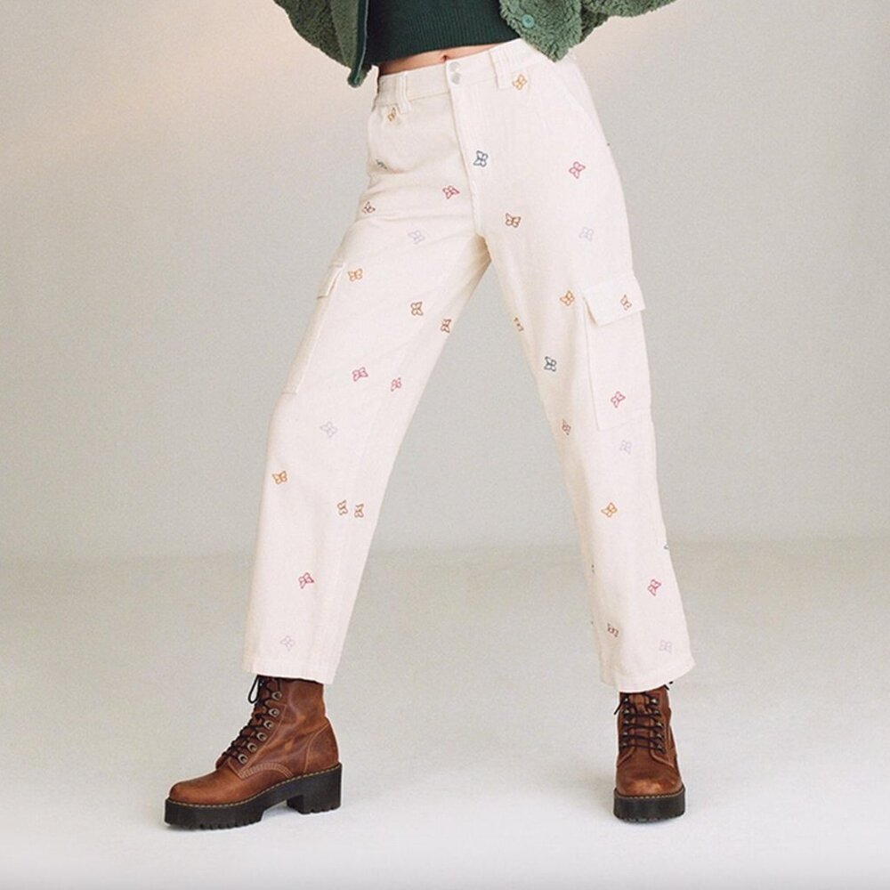 PacSun Beige Embroidered Butterfly Cargo Straight Leg Pants - Picture 5 of 7